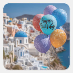 Adesivo Quadrado Feliz aniversário dos Balões em Santorini, Grécia