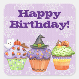Adesivo Quadrado Feliz aniversário dos Cupcakes de Halloween Roxos