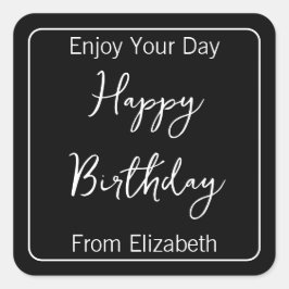 Adesivo Quadrado Feliz Aniversário e Remetentes Nome Preto e Branco