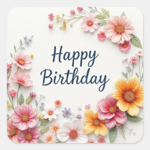 Adesivo Quadrado Feliz Aniversário Elegante Floral Wreath