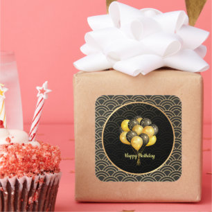 Adesivo Quadrado Feliz aniversário, elegante preto e ouro,