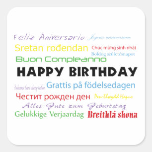 Adesivo Quadrado Feliz aniversário em muitos idiomas