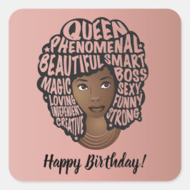 Adesivo Quadrado Feliz Aniversário, Encorajando Mulheres Negras, Ro