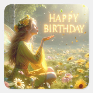 Adesivo Quadrado Feliz Aniversário Fada Fantasia Magia