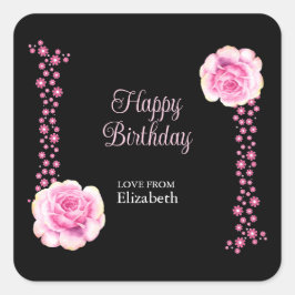 Adesivo Quadrado Feliz Aniversário Feliz da Rosa Rosa Floral Negra