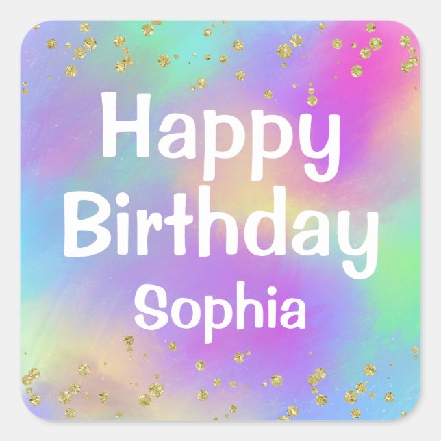 Adesivo Quadrado Feliz Aniversário Feliz Menino Unicórnio Dourado (Frente)