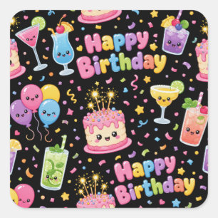 Adesivo Quadrado Feliz Aniversário Festa de Arte Kawaii