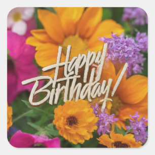 Adesivo Quadrado Feliz Aniversário Flores de Primavera Vibrantes Co