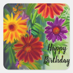 Adesivo Quadrado Feliz Aniversário Flores Vibrantes Coloridas da Pr
