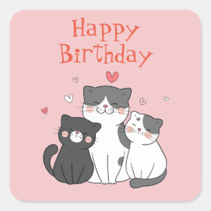 Adesivo Quadrado Feliz Aniversário Gatinho Fofinho Rosa