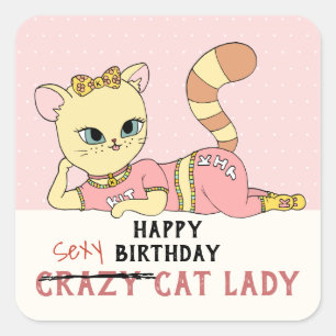 Adesivo Quadrado Feliz Aniversário Gato Louco, Rosa, Kawaii