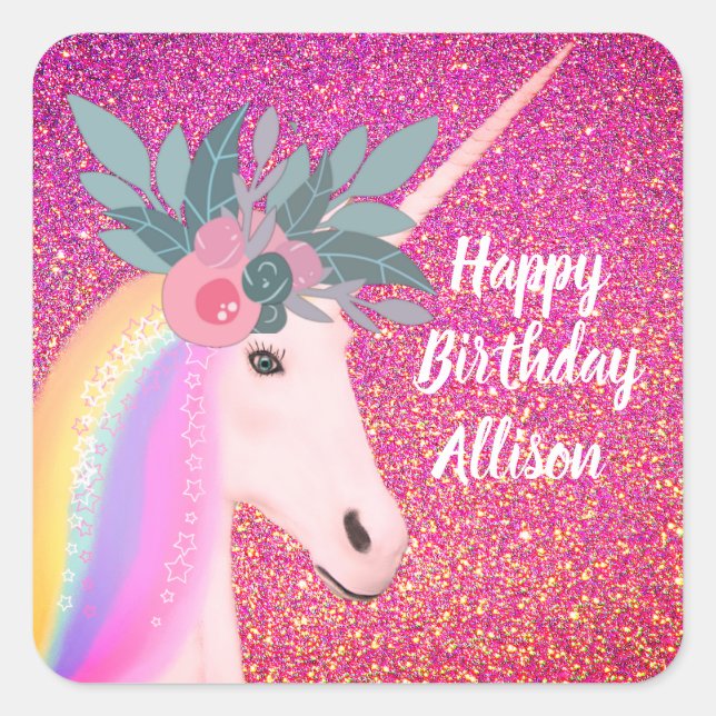 Adesivo Quadrado Feliz Aniversário Glitter do Unicórnio Rosa Espelh (Frente)