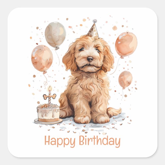 Adesivo Quadrado Feliz aniversário Goldendoodle Cachorro de Anivers (Frente)