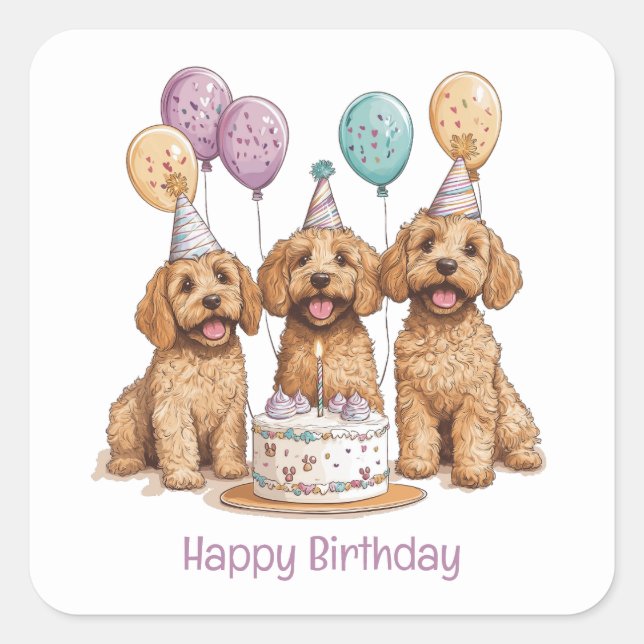 Adesivo Quadrado Feliz aniversário Goldendoodle Cães Bolo de Aniver (Frente)