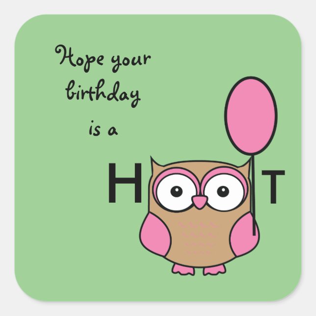 Adesivo Quadrado Feliz aniversário Hoot Owl Pink e Tan (Frente)