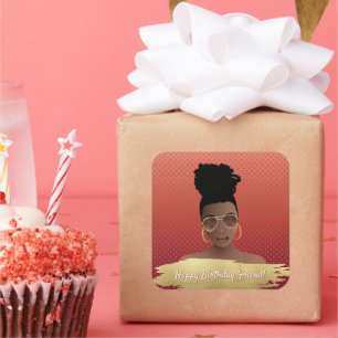 Adesivo Quadrado Feliz aniversário! Mulher Negra com Cobre Dourado