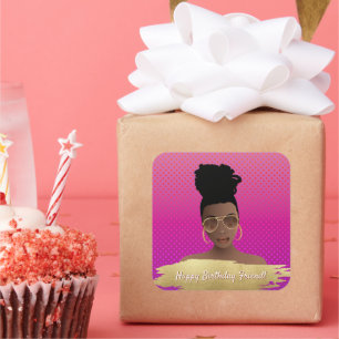Adesivo Quadrado Feliz aniversário! Mulher Negra com Manteiga Dour
