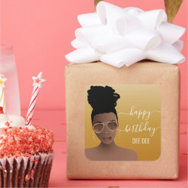 Adesivo Quadrado Feliz Aniversário Mulher Negra Dourada Sombra Amar