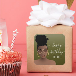 Adesivo Quadrado Feliz Aniversário Mulher Negra Dourada Sombra Verd