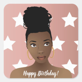 Adesivo Quadrado Feliz aniversário! Mulher Negra, Estrelas Brancas,
