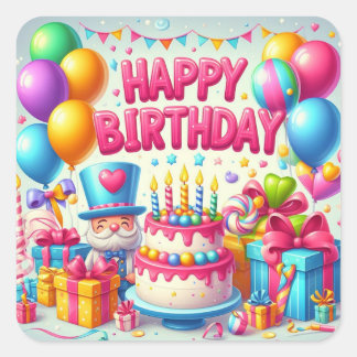 Adesivo Quadrado Feliz Aniversário para Crianças - Bolo Colorido de