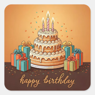 Adesivo Quadrado Feliz Aniversário para Crianças - Bolo de Presente