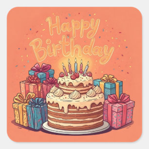 Adesivo Quadrado Feliz Aniversário para Crianças - Bolo de Presente