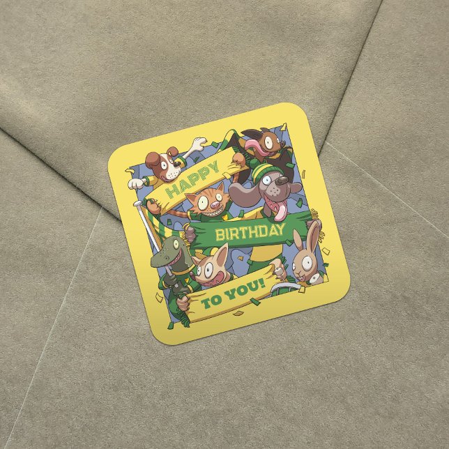 Adesivo Quadrado Feliz Aniversário Para Vocês Fãs De Animais Amarel (Criador carregado)