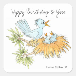 Adesivo Quadrado Feliz aniversário - Pássaros Azuis