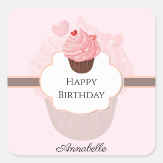 Adesivo Quadrado Feliz aniversário | Personalizado | CUPCAKE