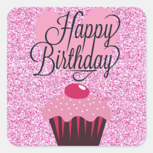 Adesivo Quadrado Feliz Aniversário Pink Gliter Cupcake Stickers
