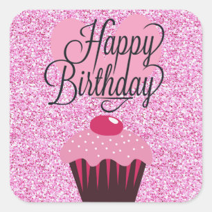 Adesivo Quadrado Feliz Aniversário Pink Gliter Cupcake Stickers