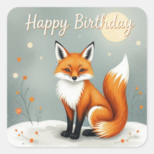 Adesivo Quadrado Feliz Aniversário Raposa Marrom Floresta Fofa