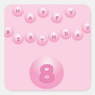 Adesivo Quadrado Feliz Aniversário Rosa Às Noites, 8 Anos
