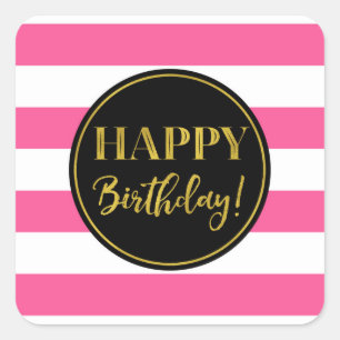 Adesivo Quadrado Feliz Aniversário, Rosa Dourado, , Stripes Brancas