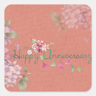 Adesivo Quadrado Feliz Aniversário Rosa Floral