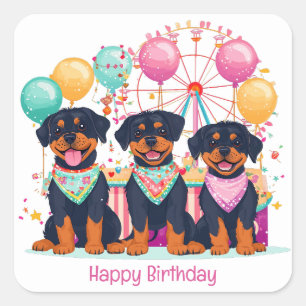 Adesivo Quadrado Feliz Aniversário Rottweiler Cachorros Em Um Carna