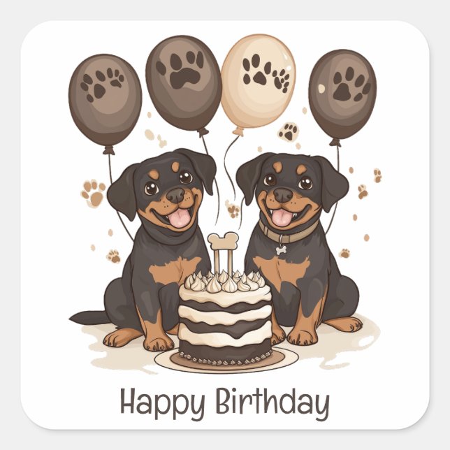 Adesivo Quadrado Feliz Aniversário Rottweiler Cães (Frente)