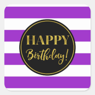 Adesivo Quadrado Feliz Aniversário Roxo Dourado Listras Brancas