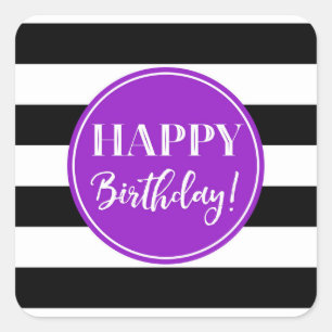 Adesivo Quadrado Feliz Aniversário Roxo Preto Stripes Brancas Praça