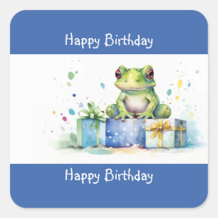 Adesivo Quadrado Feliz Aniversário Sapo Verde Fofo com presentes em