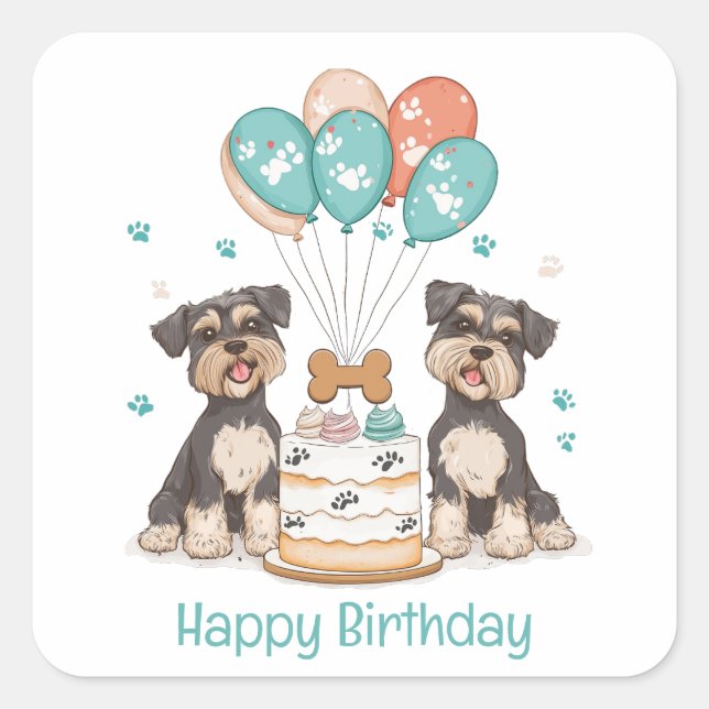 Adesivo Quadrado Feliz Aniversário Schnauzer Cães (Frente)