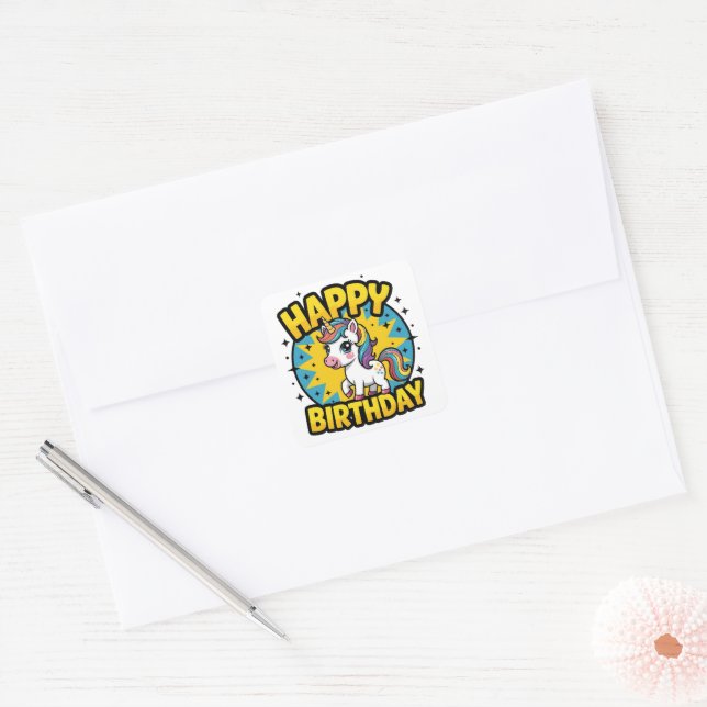 Adesivo Quadrado Feliz Aniversário Unicórnio (Envelope)