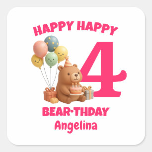 Adesivo Quadrado FELIZ ANIVERSÁRIO Urso de pelúcia personalizado de