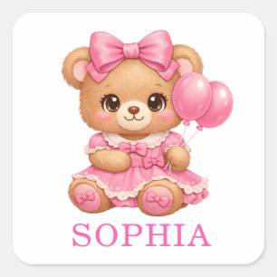 Adesivo Quadrado Feliz Aniversário Urso Rosa Nome Personalizado