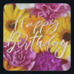 Adesivo Quadrado Feliz Aniversário Vibrante Flores Coloridas da pri<br><div class="desc">Feliz aniversário personaliza o nome das flores de primavera,  azul,  vermelha,  amarela,  verde e violeta.</div>