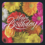 Adesivo Quadrado Feliz Aniversário Vibrante Flores Coloridas da pri<br><div class="desc">Feliz aniversário personaliza o nome das flores de primavera,  azul,  vermelha,  amarela,  verde e violeta.</div>