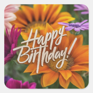 Adesivo Quadrado Feliz Aniversário Vibrante Flores Coloridas da pri