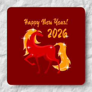 Adesivo Quadrado Feliz ano novo 2026 Cavalo de Fogo Chinês Zodiac