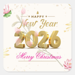 Adesivo Quadrado Feliz Ano Novo 2026 Desenho Festivo de Natal Verde